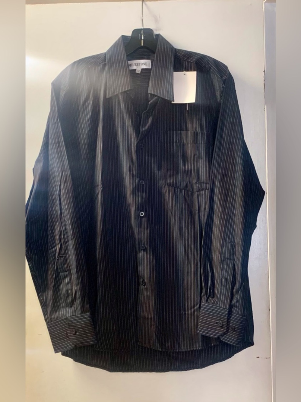 Milestone Long Sleeve Dress Shirt-Navy With Plum Stripe